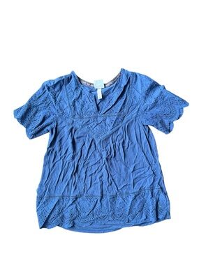 Knox Rose Blue Eyelet V-Neck Flutter Sleeve Top Size L
